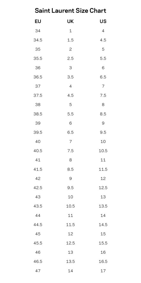 ysl shirts size chart